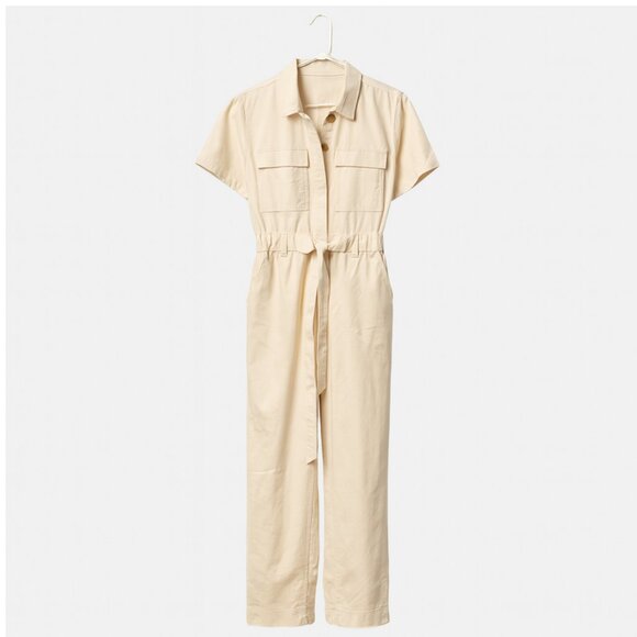 Beige Utility Jumpsuit with Tie Waist – Casual One-Piece (six pockets) - Picture 1 of 3